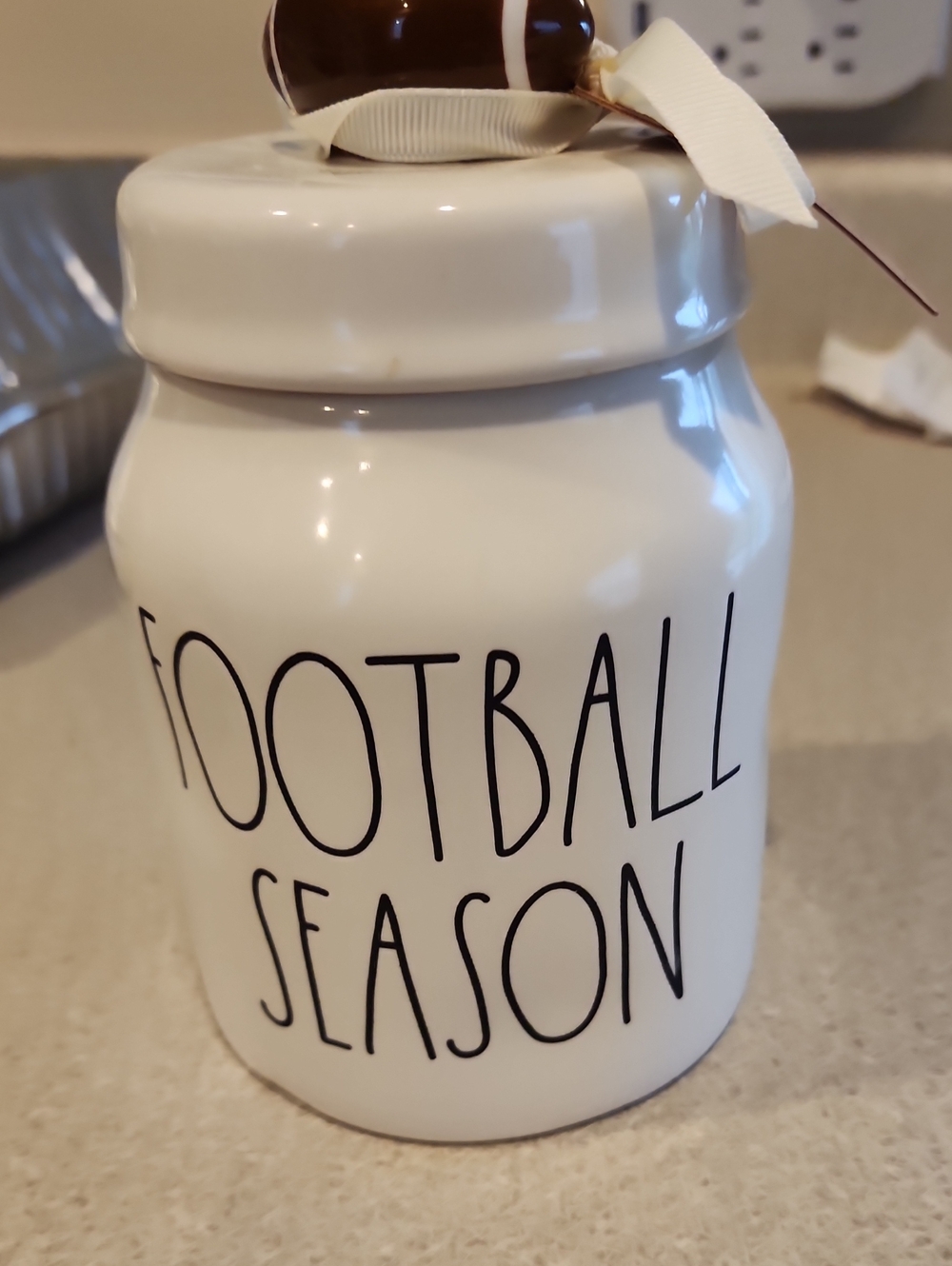 Rae Dunn White "Football Season" Canister with Brown Accent